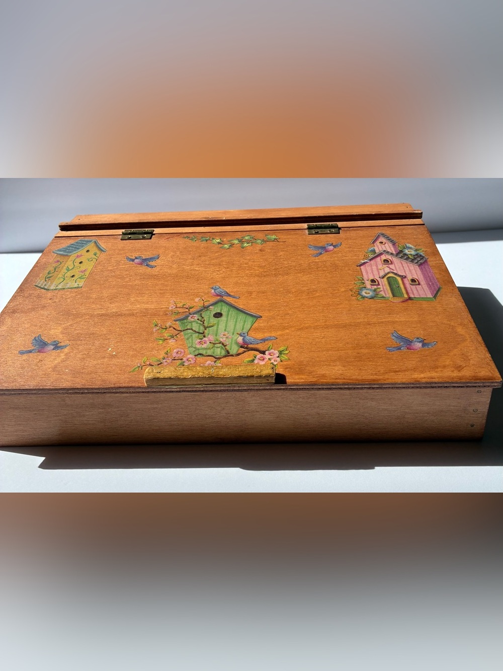 Cottagecore Wooden Lap Desk Storage Box Birdhouse Floral Grannycore Decor